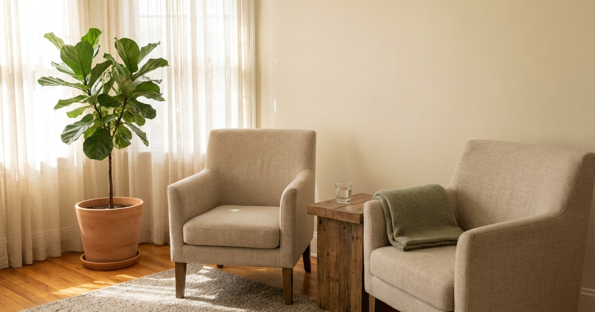 Acceptance and commitment therapy for Crohn's disease showing a calm patient in a supportive therapeutic setting