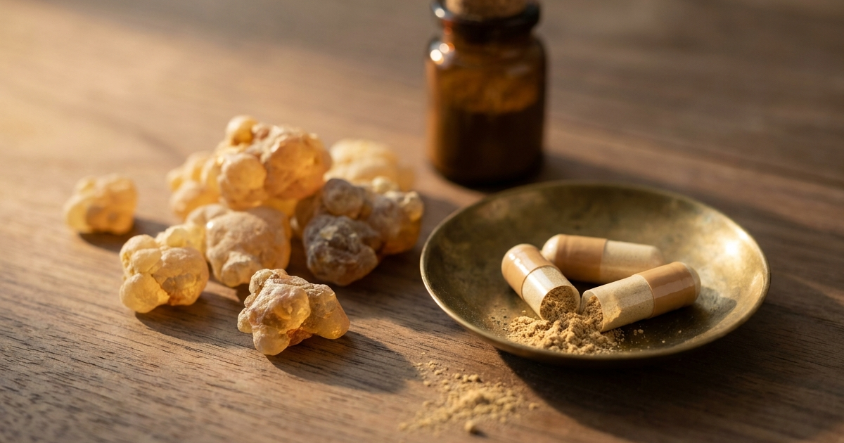 Boswellia serrata resin pieces and supplement capsules illustrating Boswellia for Crohn's disease research