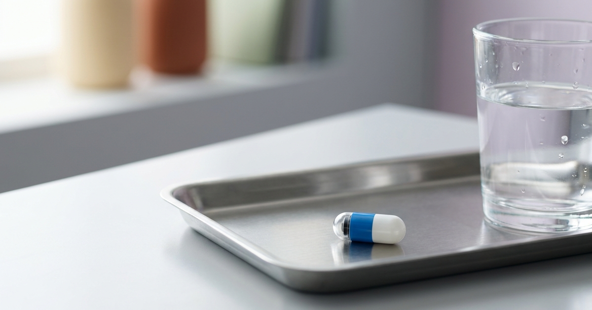 Capsule endoscopy pill camera next to a glass of water on a clinic table for Crohn's disease diagnosis