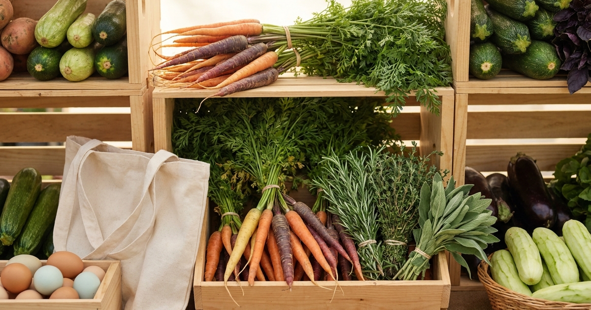 Rustic farmers market display of seasonal local produce, canvas tote bag, and a wooden crate of eggs in morning light