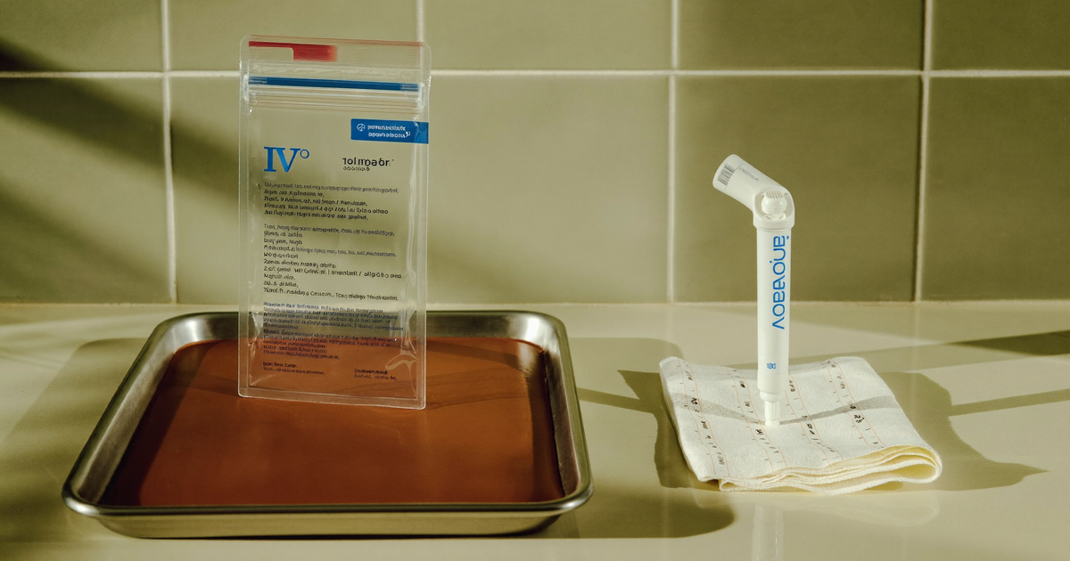 An unbranded infusion bag and an unbranded injection pen side by side on a clean clinic counter, illustrating an Entyvio vs Stelara comparison for Crohn's disease