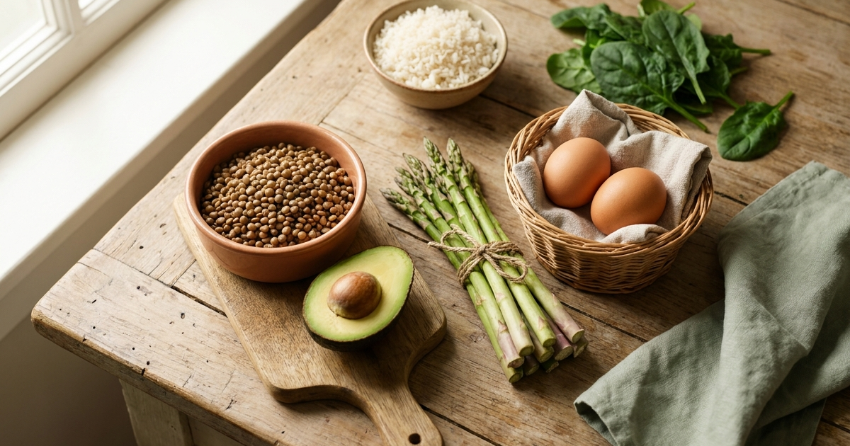 Illustration of folate deficiency in Crohn's disease showing folate-rich foods and intestinal absorption