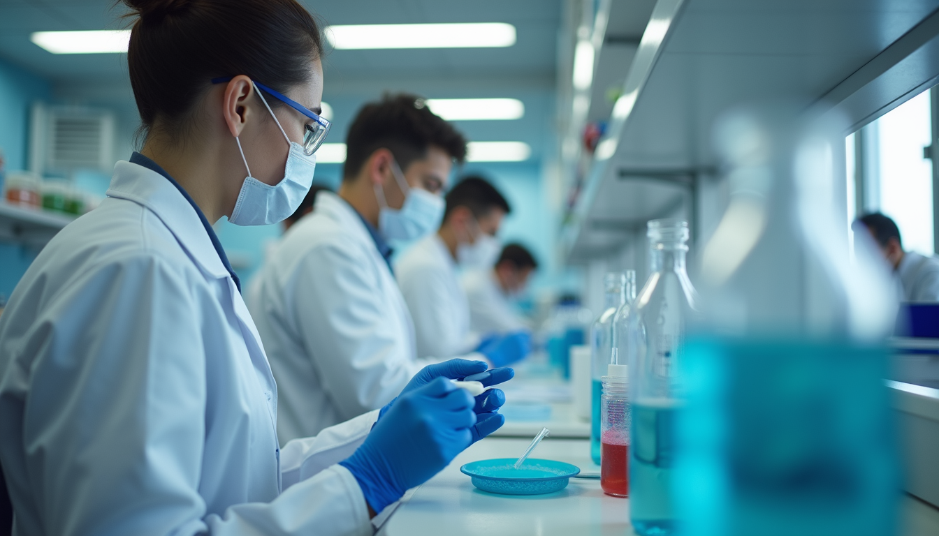 Eye-level view of a research laboratory with scientists studying medical samples