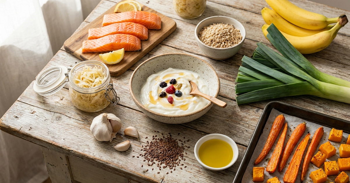 Colorful anti-inflammatory foods illustrating the IBD-AID diet for Crohn's disease