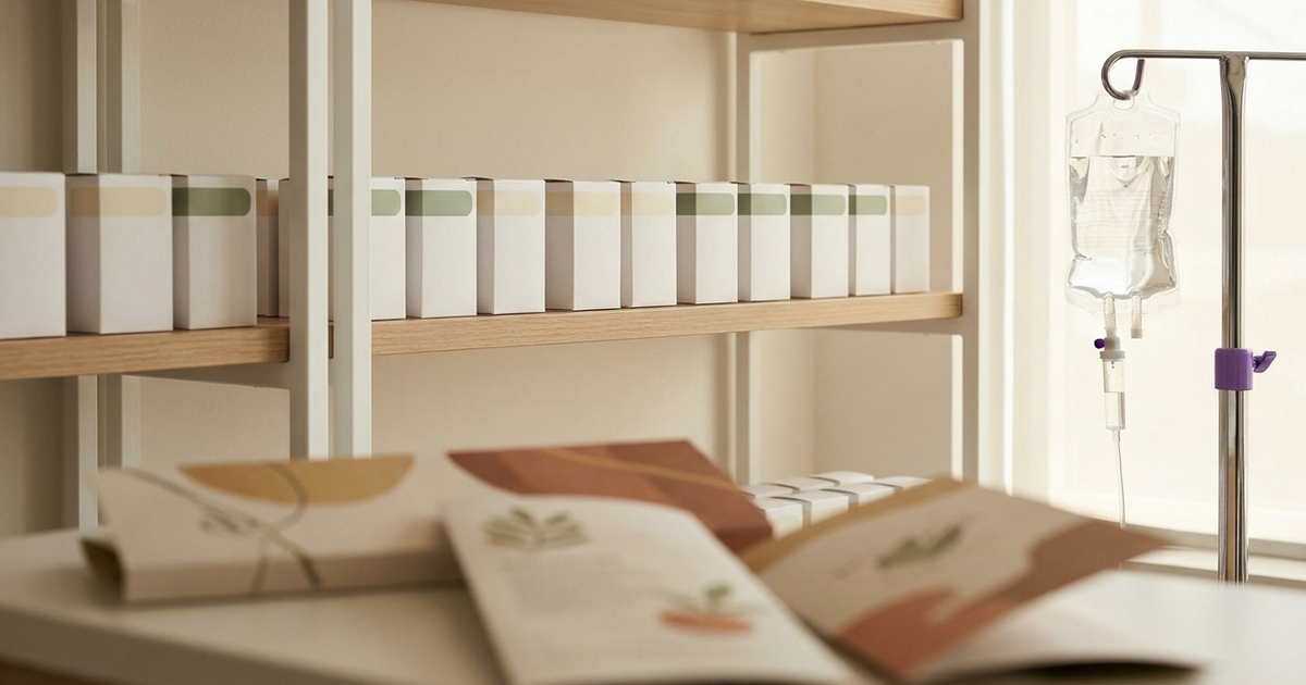 A clean pharmacy reference shelf with rows of unbranded medication boxes, two folded informational brochures, and a small upright IV bag, representing the full range of IBD medications for Crohn's disease and ulcerative colitis