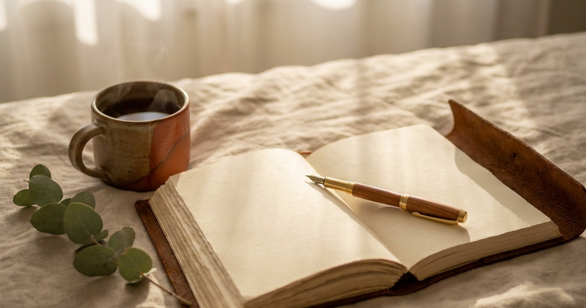 Journaling for Crohn's disease with a notebook and pen in a calm setting
