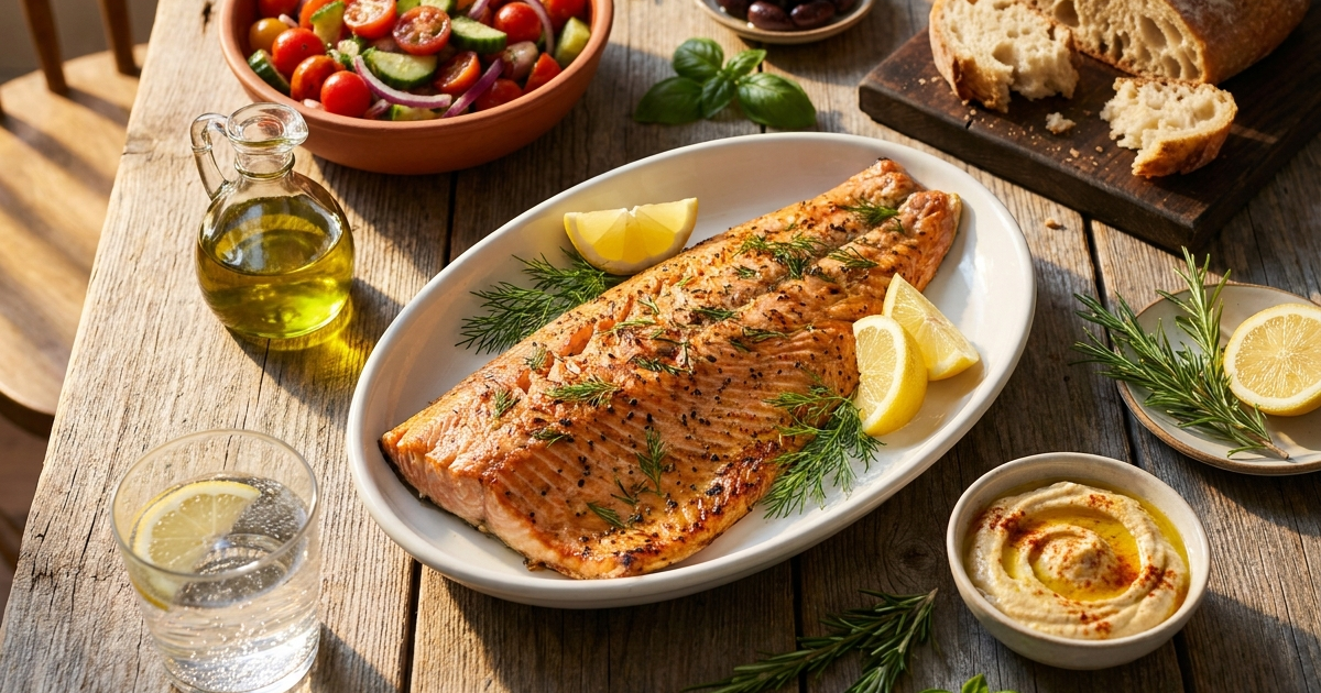 Colorful Mediterranean diet spread with olive oil, vegetables, and fish for Crohn's disease management