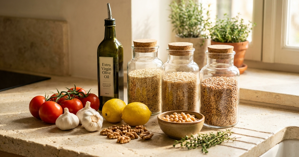 Mediterranean diet ingredients including olive oil, fresh vegetables, and whole grains for IBD management