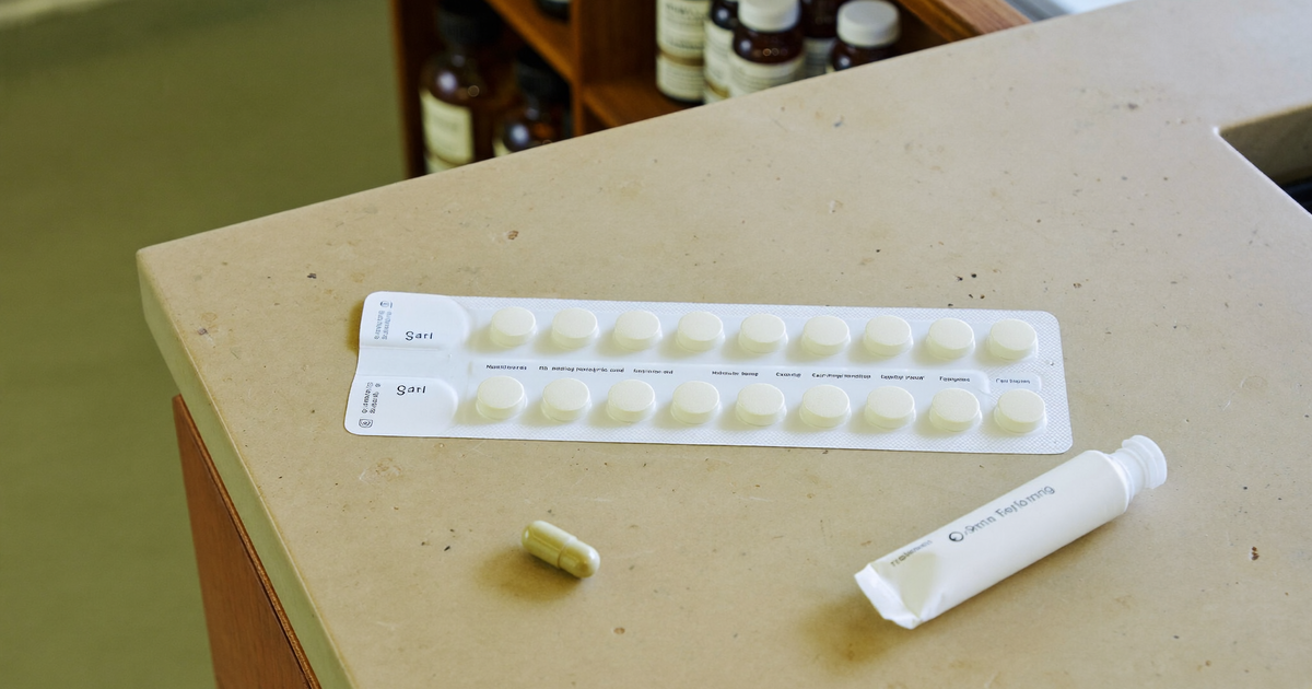 Unbranded delayed-release tablets, a capsule and a rectal applicator arranged on a clean counter, representing the forms of mesalamine for ulcerative colitis