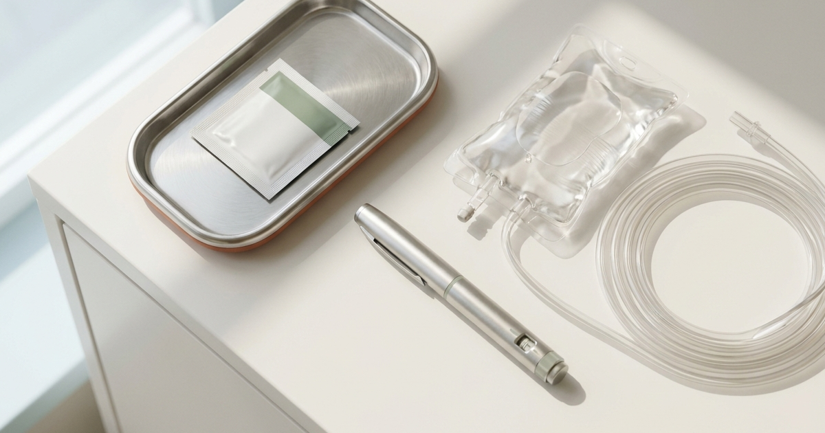 A prefilled syringe and IV infusion bag on a clean surface representing mirikizumab for Crohn's disease treatment