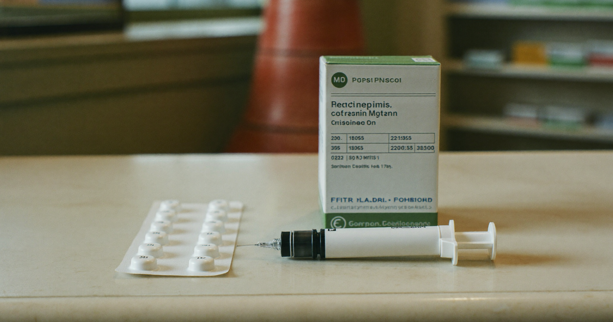 An unbranded daily oral tablet beside an unbranded prefilled injection pen on a clinic counter, illustrating the Rinvoq vs Stelara choice for Crohn's disease