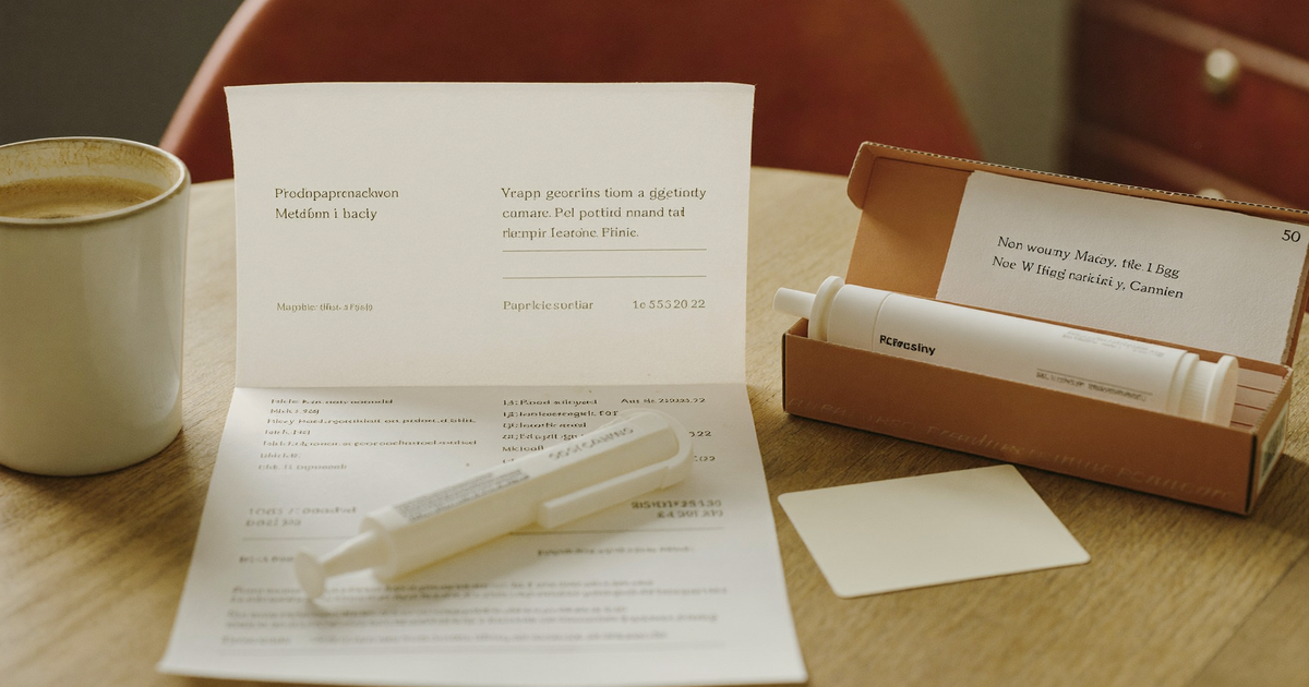 Stelara cost in 2026 shown as a pharmacy invoice, a ustekinumab autoinjector and a copay card on a kitchen table