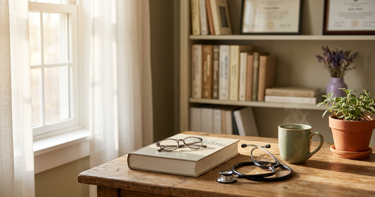 Welcoming physician's office desk with closed medical textbook, reading glasses, and coiled stethoscope in warm morning light