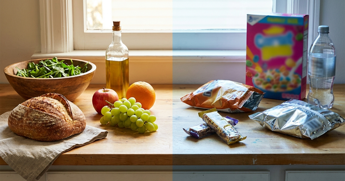 Ultra-processed foods and Crohn's disease risk showing packaged snacks versus whole foods