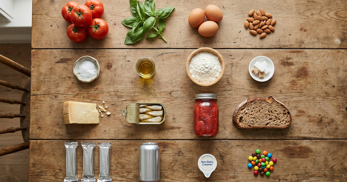 Infographic showing the NOVA food classification system with examples of ultra-processed foods linked to Crohn's disease