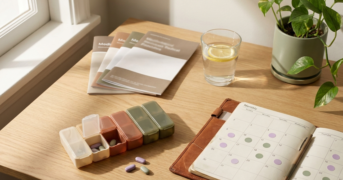 Weekly pill organizer, leather-bound appointment planner, and glass of water on a calm oak desk representing first-year Crohn's self-management