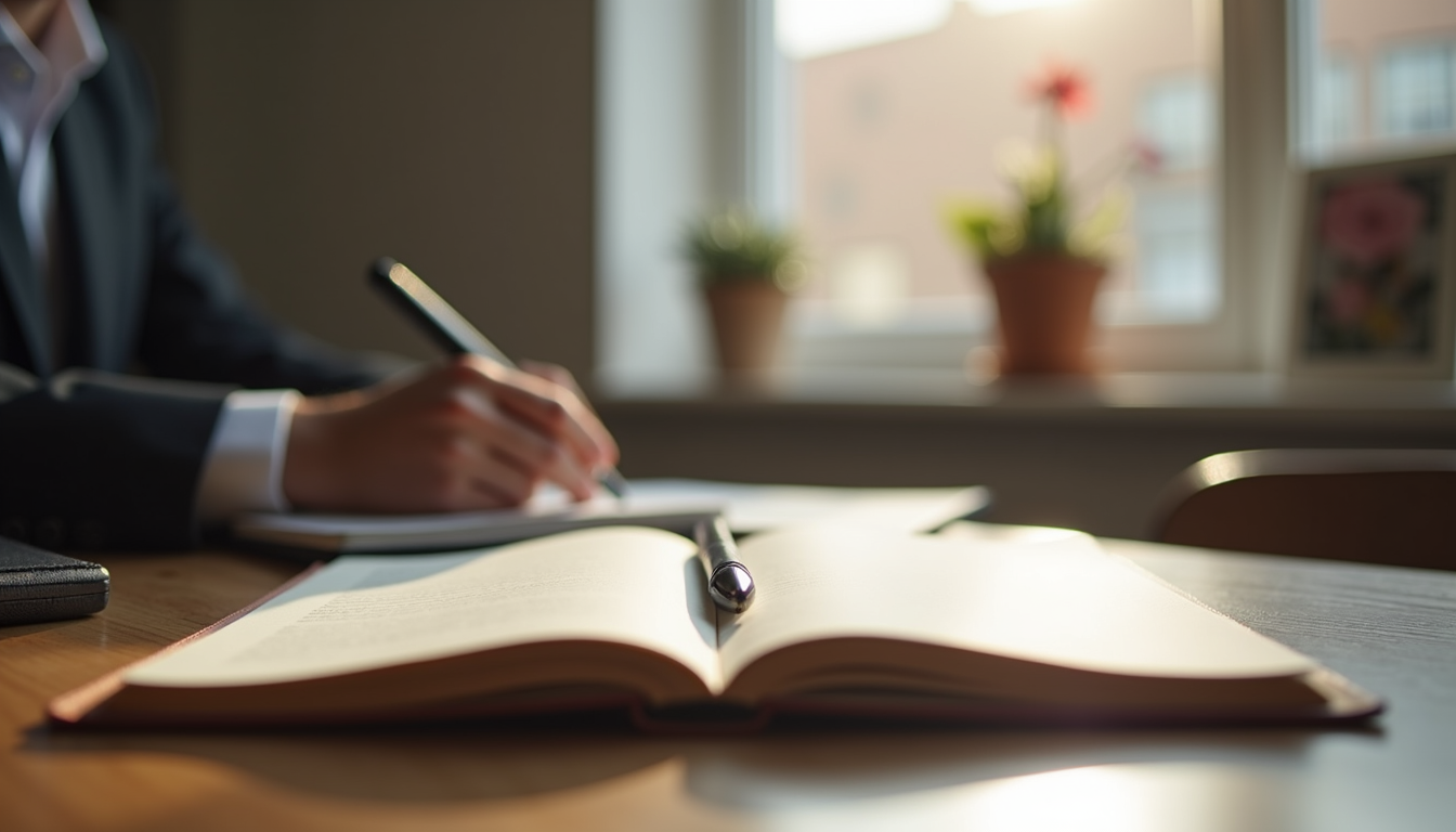 Close-up view of a journal and pen on a desk, symbolizing emotional reflection
