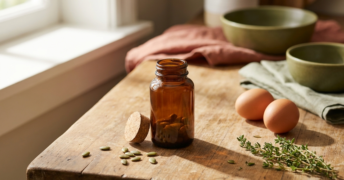 Zinc deficiency in Crohn's disease - zinc-rich foods and a supplement capsule on a warm background